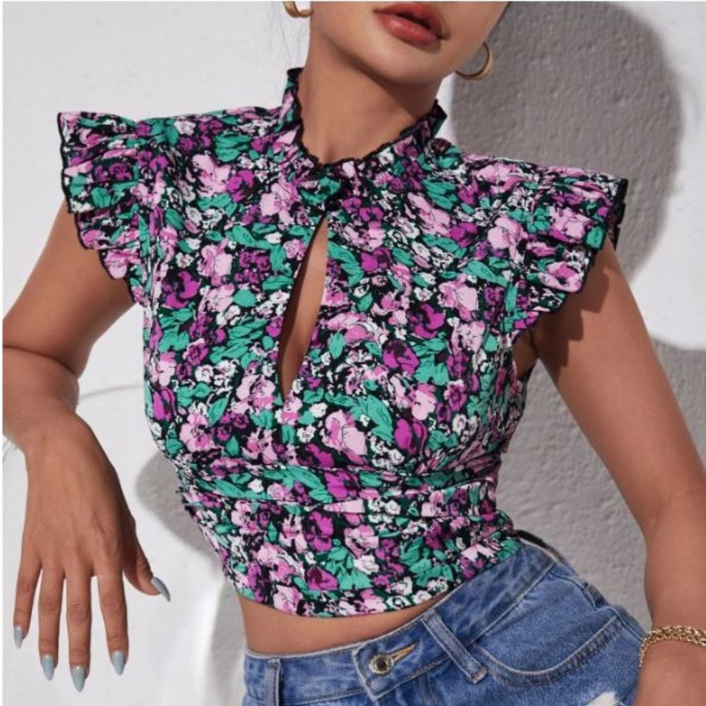 Floral Flutter Sleeve Open-Back Top